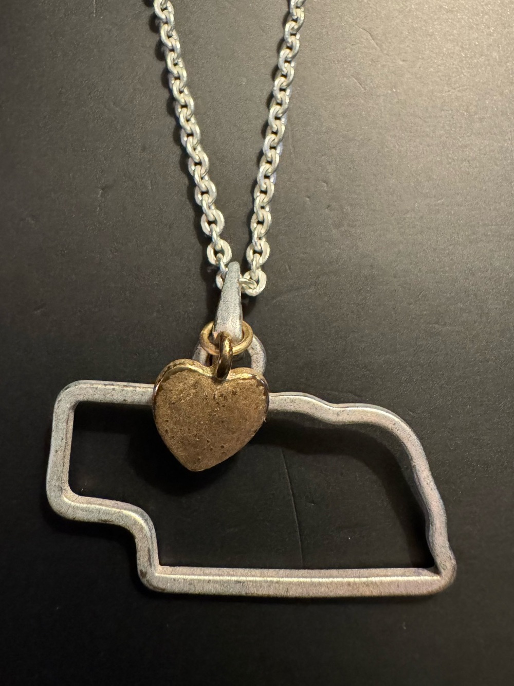 Nebraska State Outline Necklace - Gold Heart Charm - Silver Tone - 18”